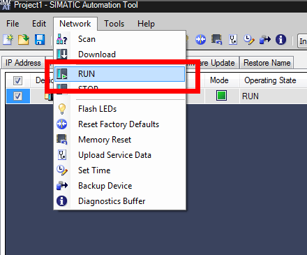 Screenshot of selecting run under network in SIMATIC Automation Tool 