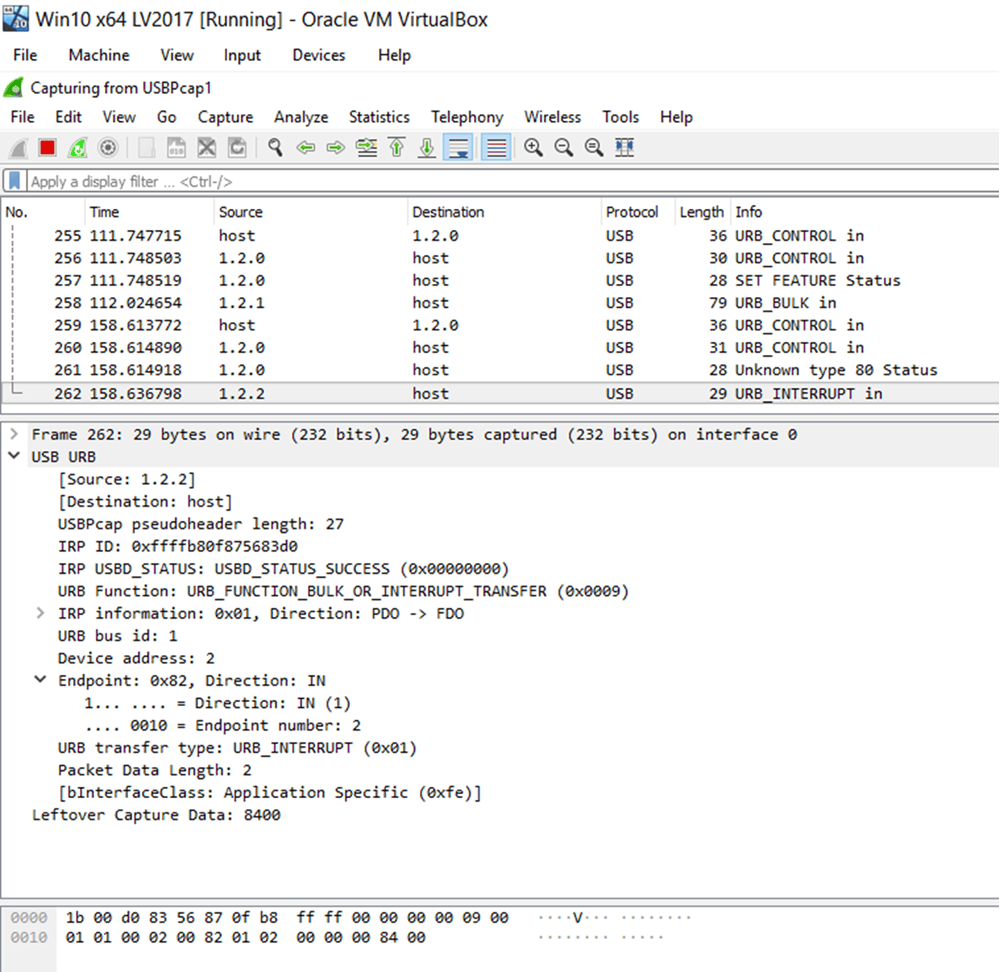 Screenshot of the Wireshark capture of the USB communications.