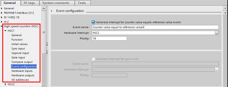 Navigate to the high-speed counters tab and select the desired counter.