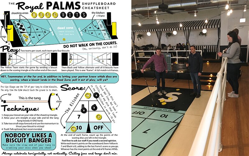 Royal Palms Shuffleboard rules and Jeremy and Matt G playing shuffleboard.