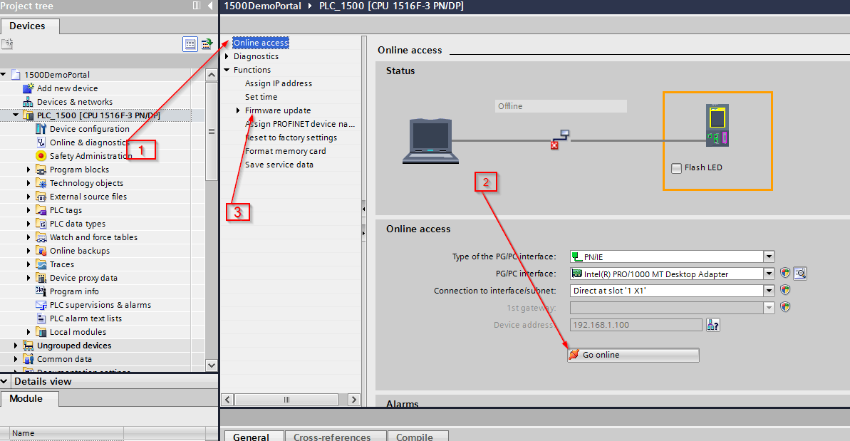 Screenshot of steps to install firmware in Siemens TIA Portal V14