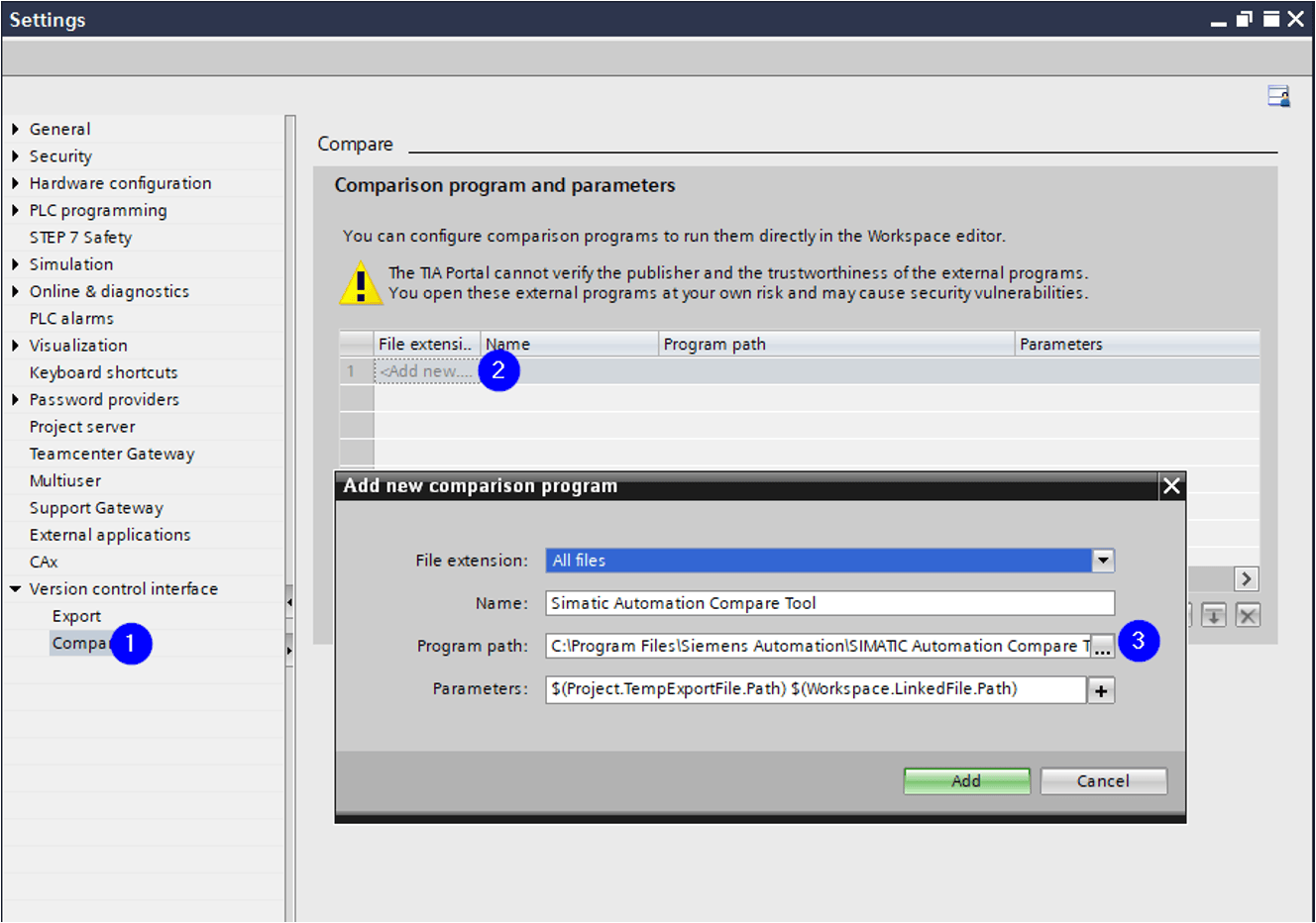 Setting the Simatic Automation Compare Tool as an option for VCi