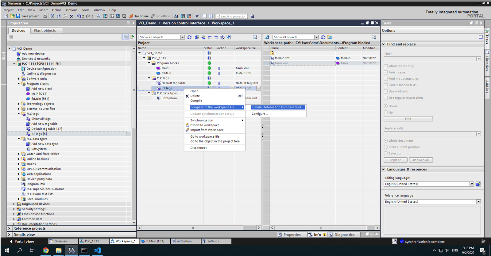 Executing comparison between project and workspace