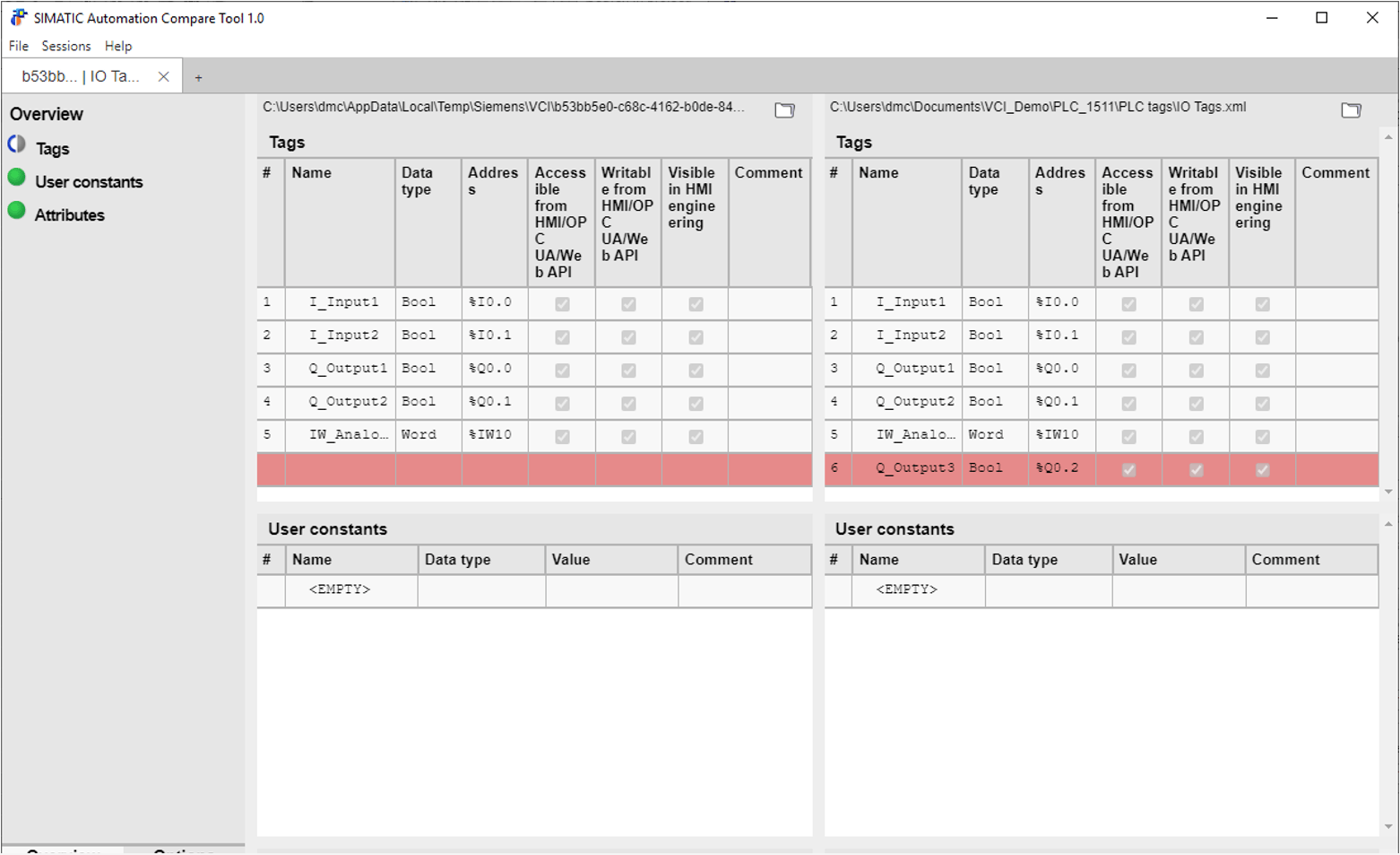 Comparison of project and workspace files