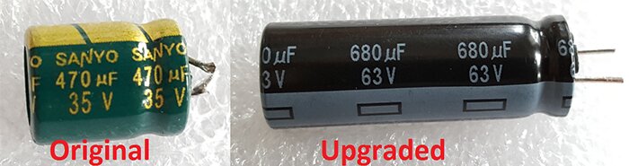 Upgraded main 34V Sanyo brand capacitors to Panasonic 63V capacitors