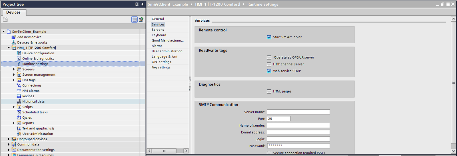 Comfort Panel TIA Portal Project Runtime Settings