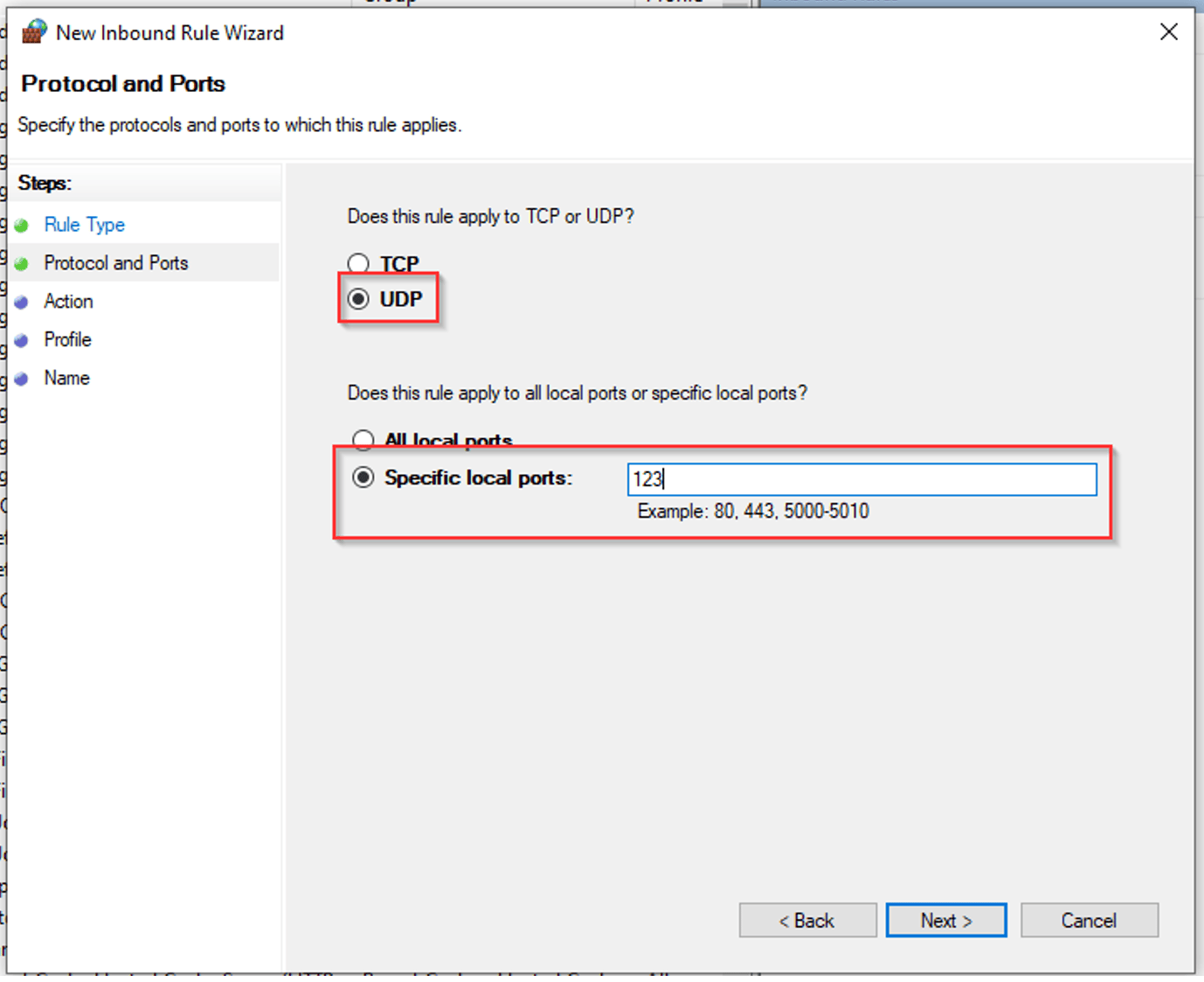 New Inbound Rule Wizard Protocol and Ports