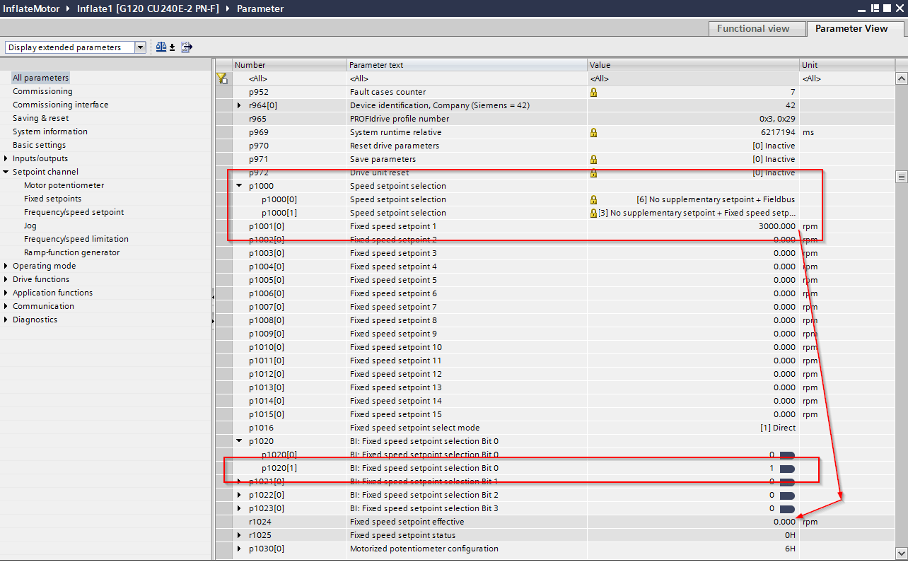 Speed setpoint parameters