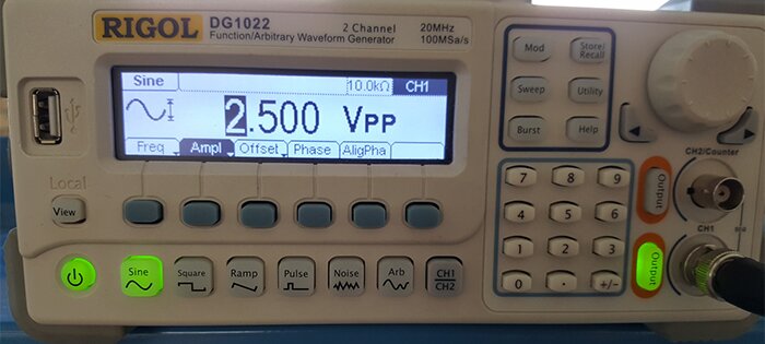 Function generator sine wave set to 2.5 volts peak to peak.