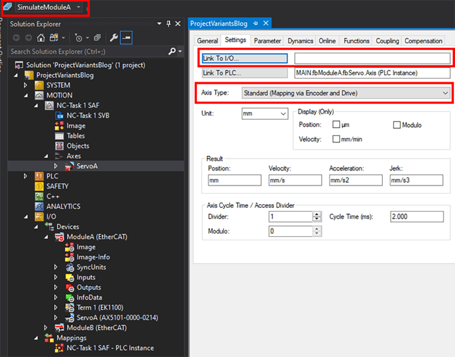 TwinCAT project variants interface