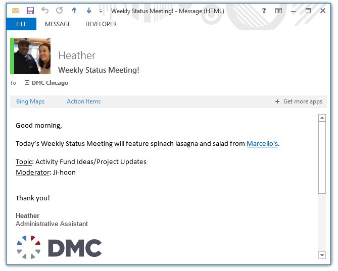 A screenshot of the email sent out announcing the lunch planned and working topic for a weekly status meeting