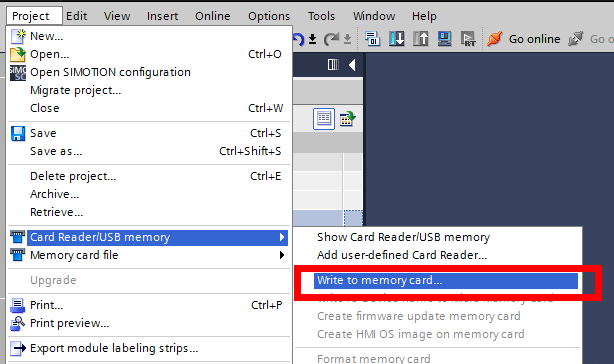 Screenshot of selecting writing to memory card from card reader/ USB memory