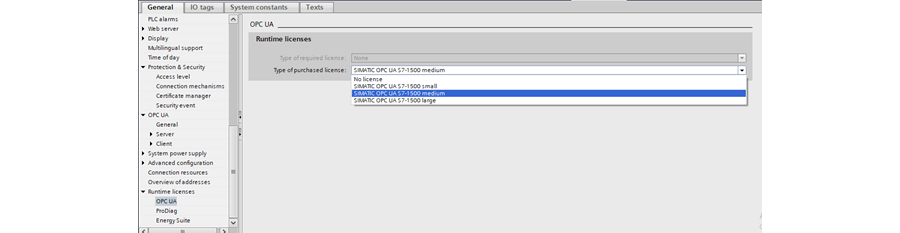 Screenshot: Activating OPC UA license in Siemens TIA Portal.