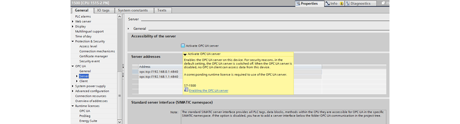 Screenshot: Activating OPC UA server in Siemens TIA Portal.