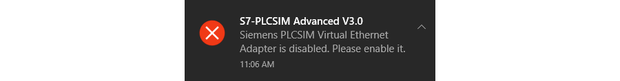 Screenshot: Siemens PLCSIM Virtual  ethernet Adapter is disabled.