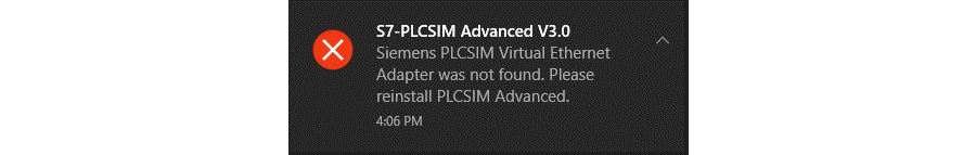 Screenshot: Siemens PLCSIM Virtual  ethernet Adapter was not found.