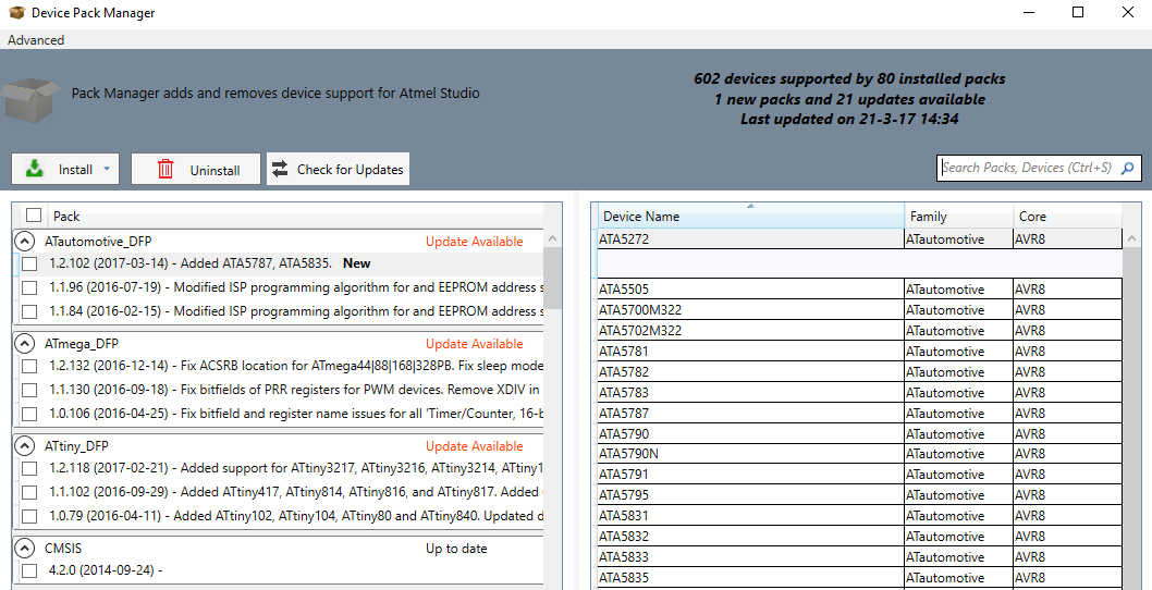 Atmel Studio 7 Device Pack Manager