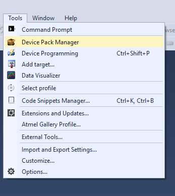 Atmel Studio 7 Device Pack Manager Options