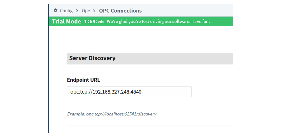 Screenshot: Configuring a new OPC Connection in Inductive Automation Ignition.