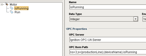 Referencing the data type properties in the tag properties by putting a {} around the name of the data type property. 