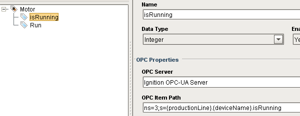Referencing the data type properties in the tag properties by putting a {} around the name of the data type property.