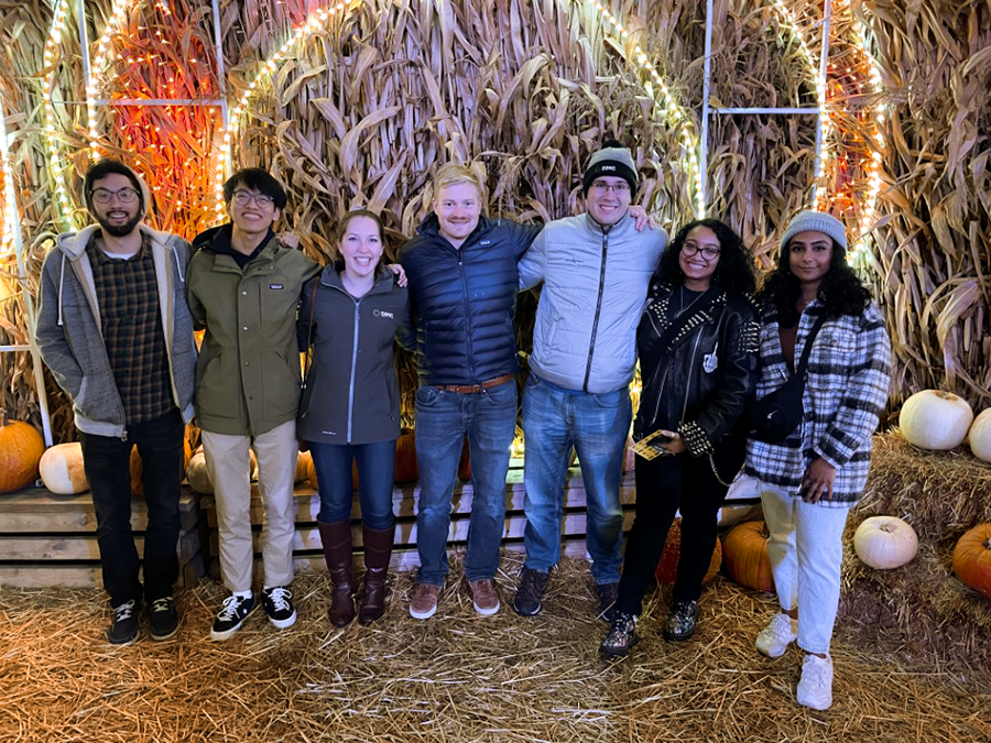A group of people in a corn maze.