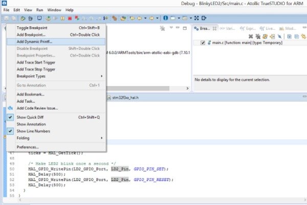 Atollic TrueSTUDIO dynamic printf breakpoint debugger