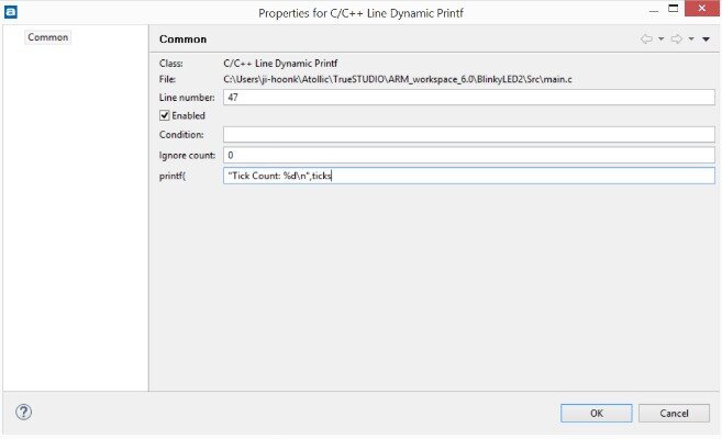 Atollic TrueSTUDIO debugger dynamic printf properties menu