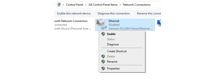 Screenshot: Enable the Siemens PLCSIM Virtual Ethernet Adapter in Network Connections.