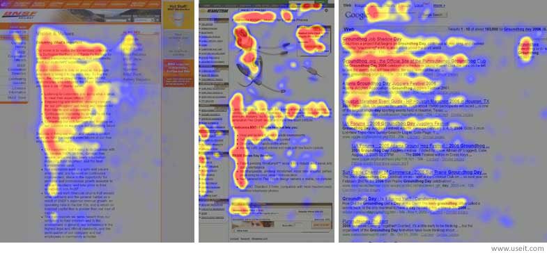 Heatmap images of the F shaped reading pattern of english-speaking readers.