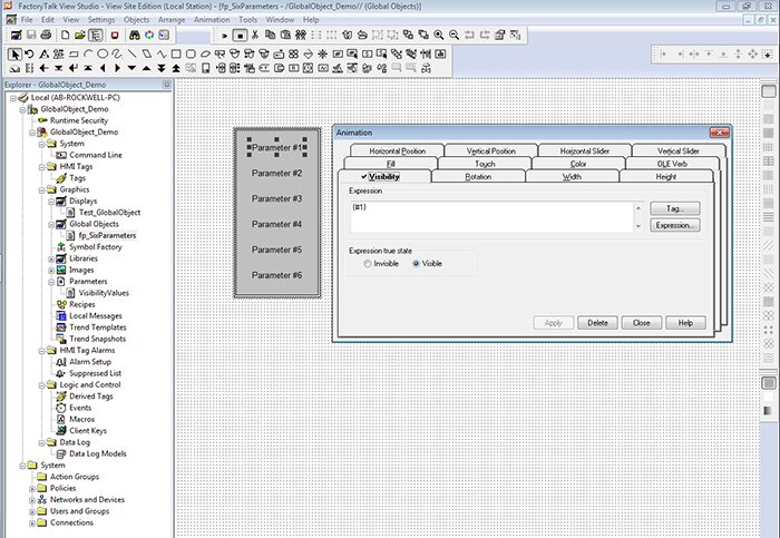 Linking visibility event to global object parameter in FactoryTalk