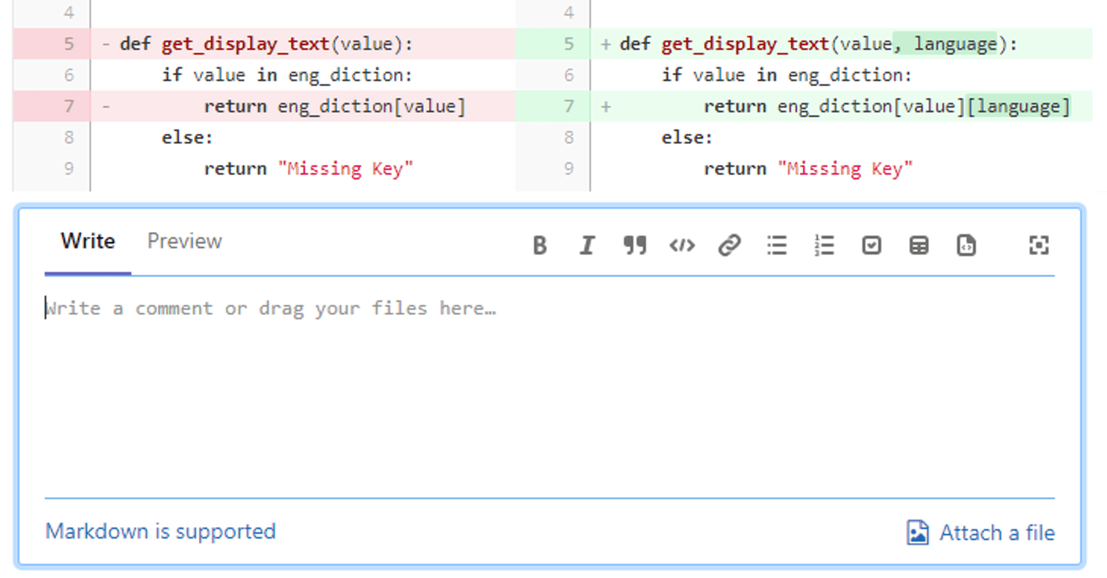 The GitLab comparison tool shows the source code diff and allows a code reviewer to leave comments & questions for the code's author.