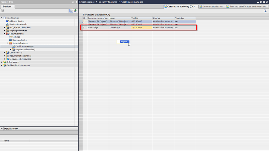 importing certificcate