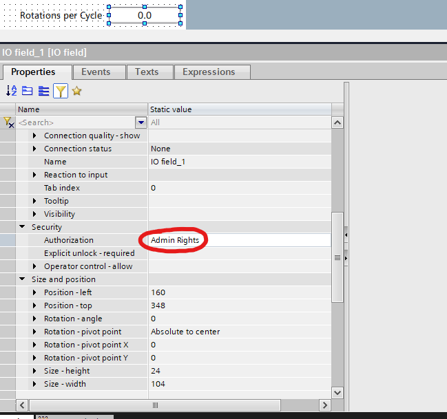 IO field settings window with 'Admin Rights' circled in red