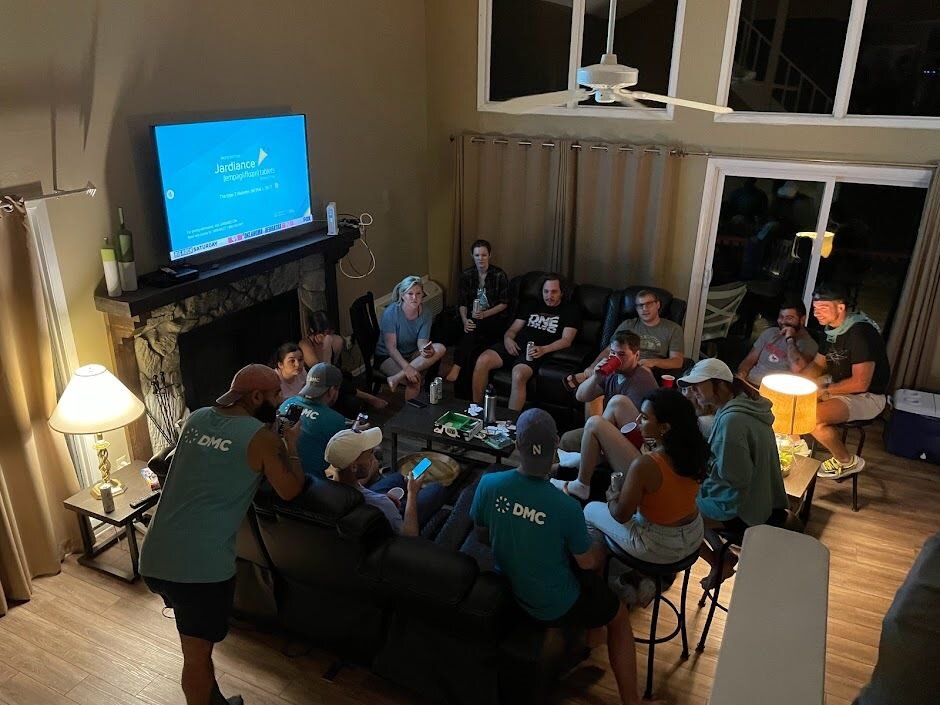 A group of people in a lodge.