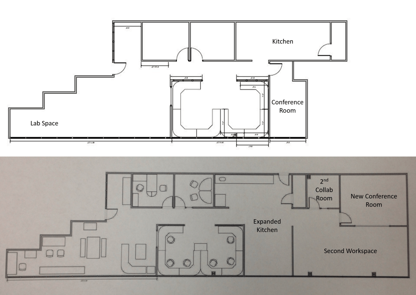 Before and after layouts of the Houston Office.