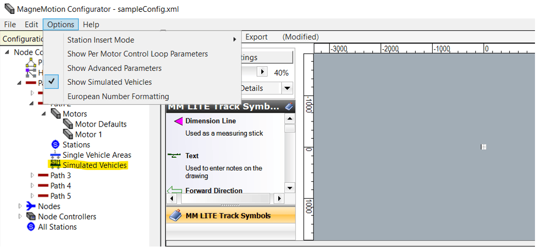 Magnemotion Configurator options menu