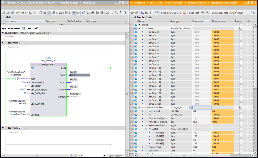 Online, monitored MB_CLIENT call and stored data array.