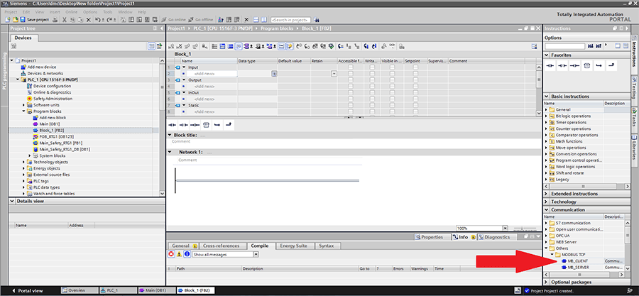 Location of Modbus Client function block in Siemens TIA Portal.