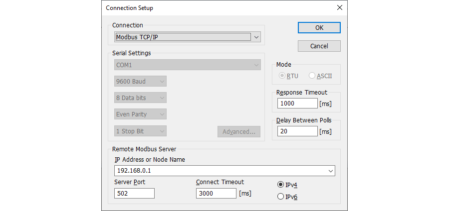 Screenshot: Connection Setup dialog in Modbus Poll.