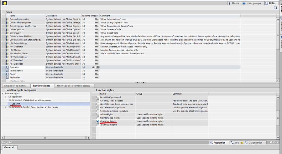 Settings window with 'operator rights' and 'lab hmi' underlined in red