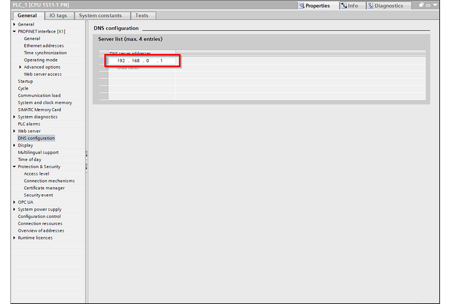 profinet interface dns config