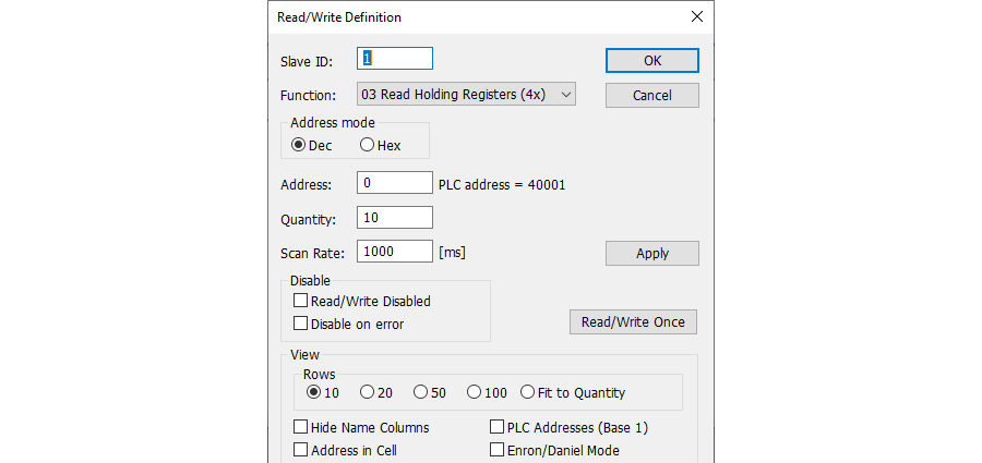 Screenshot: Read/Write Definitions setup menu in Modbus Poll.