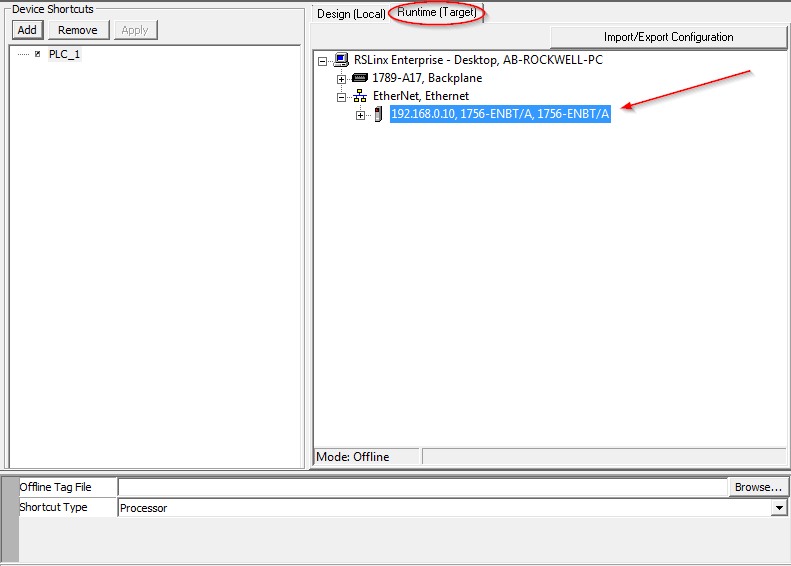 Communication setup in FactoryTalk with runtime