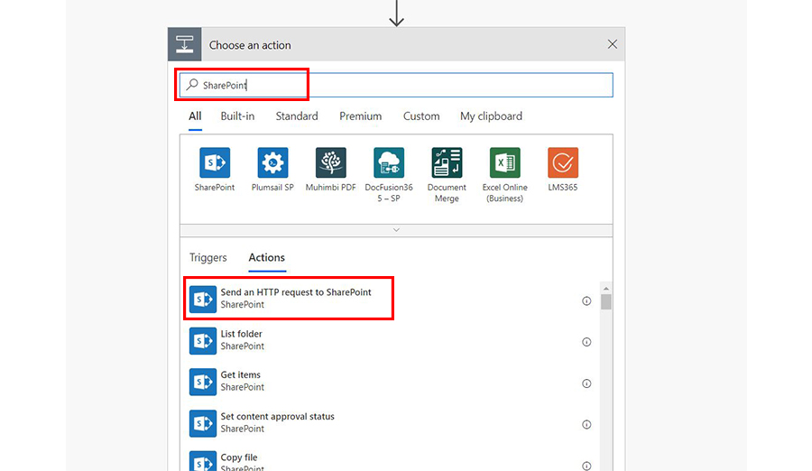 first action - send http request to sharepoint