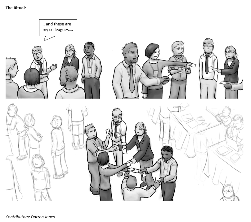 Engineers engage in the ritual of exchanging business cards at a tech conference.