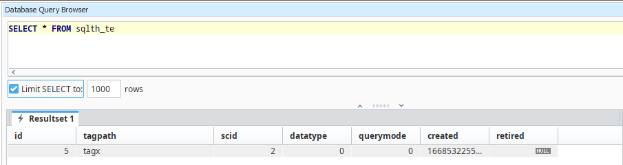 Database query browser displaying sqlth_te table