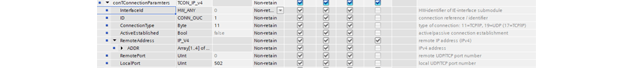 Screenshot: TCON_IP_v4 connection parameters object in Siemens TIA Portal.