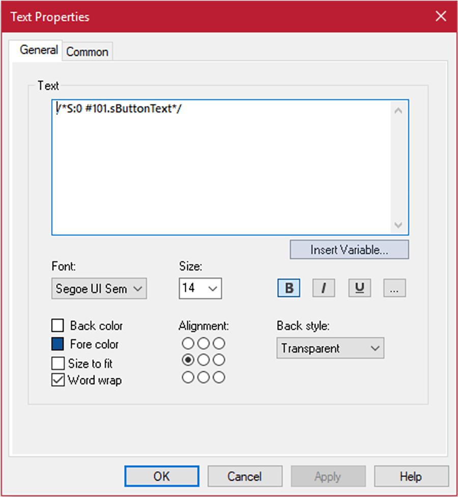 text properties window in FactoryTalk View