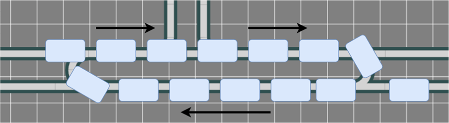 A traffic jam on a Magnemotion track